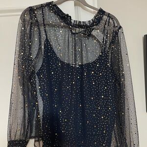 J Crew Sheer Navy Top with Gold Accents